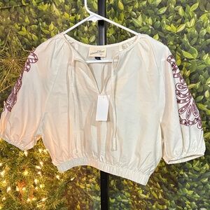 Universal Thread Cream Blouse with Burgundy Accents